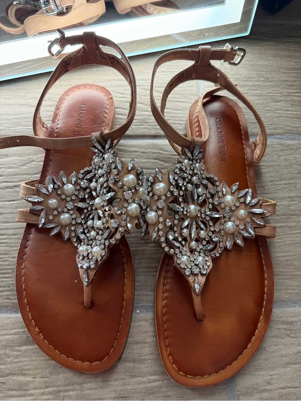 Gianni Bini Jeweled Pearl Strap Sandals